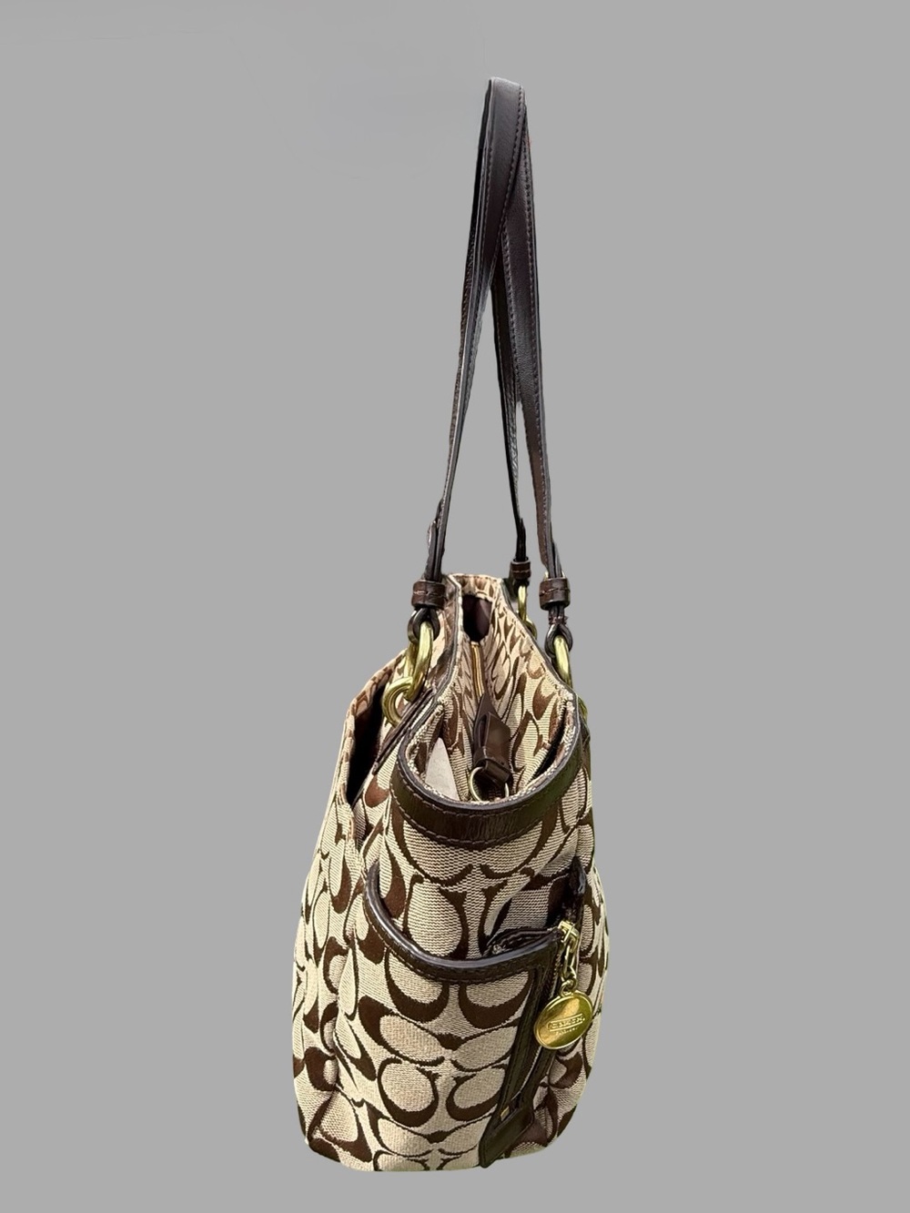 Authentic Vintage Coach Gallery Signature Zip Tote Bag - Khaki/Mahogany #F19249 - Picture 3 of 10